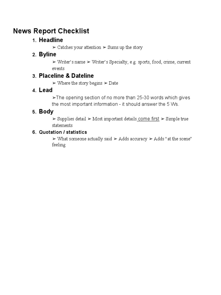 News Report Checklist Headline Byline PDF