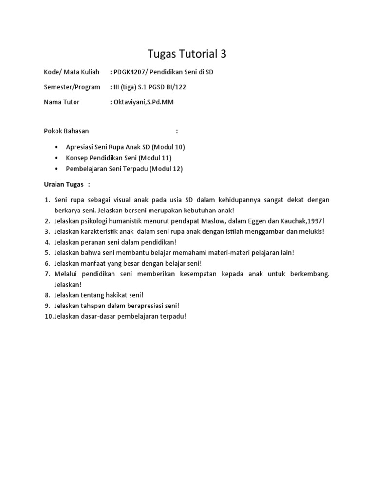 Tugas Tutorial 3 Pendidikan Seni SD | PDF