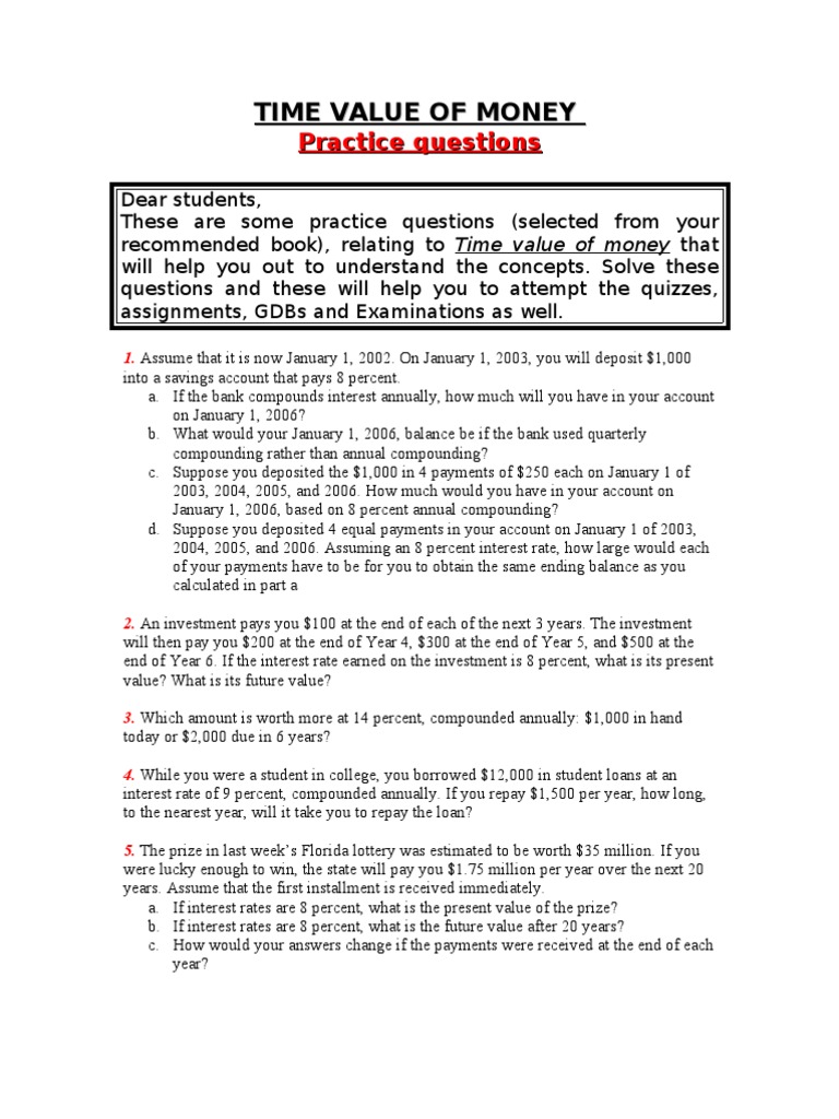 Time Value of Money Practice Questions | PDF | Present Value | Time ...