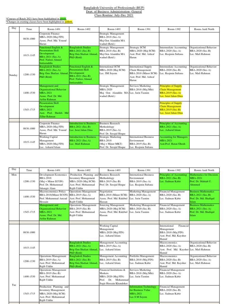 BUP Class Routine: July-Dec 2021 | PDF | Business | Economies