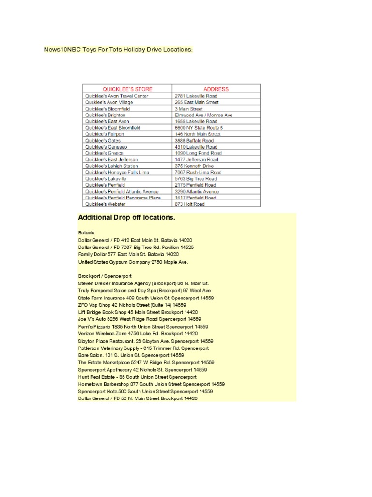 Toys For Tots Additional Drop Off Locations PDF Rochester