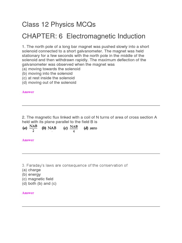 Class 12 Physics Mcqs Chapter 6 Induction Answer PDF Inductor