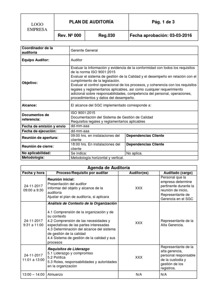 Plan de Auditoría Interna ISO 9001:2015 | PDF | Auditoría | Sistema de ...