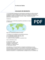 Avaliação de Geografia sobre Coordenadas, Movimentos da Terra e Estações do Ano