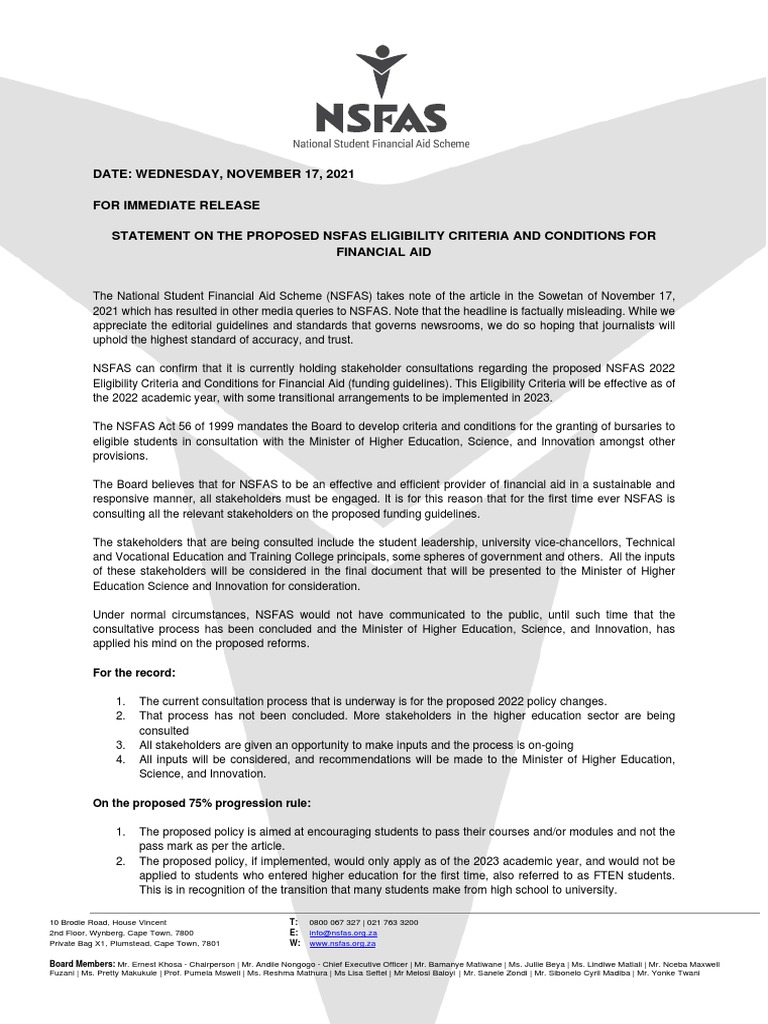 2021.11.17. NSFAS Media Statement On The 2023 Eligibility Criteria and ...