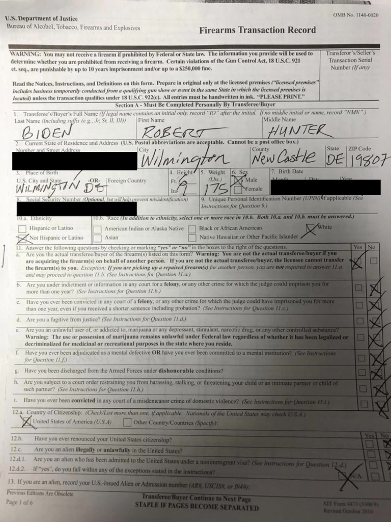 Hunter Biden's Handgun Purchase 4473 Singed and Dated 10-12-18 | PDF