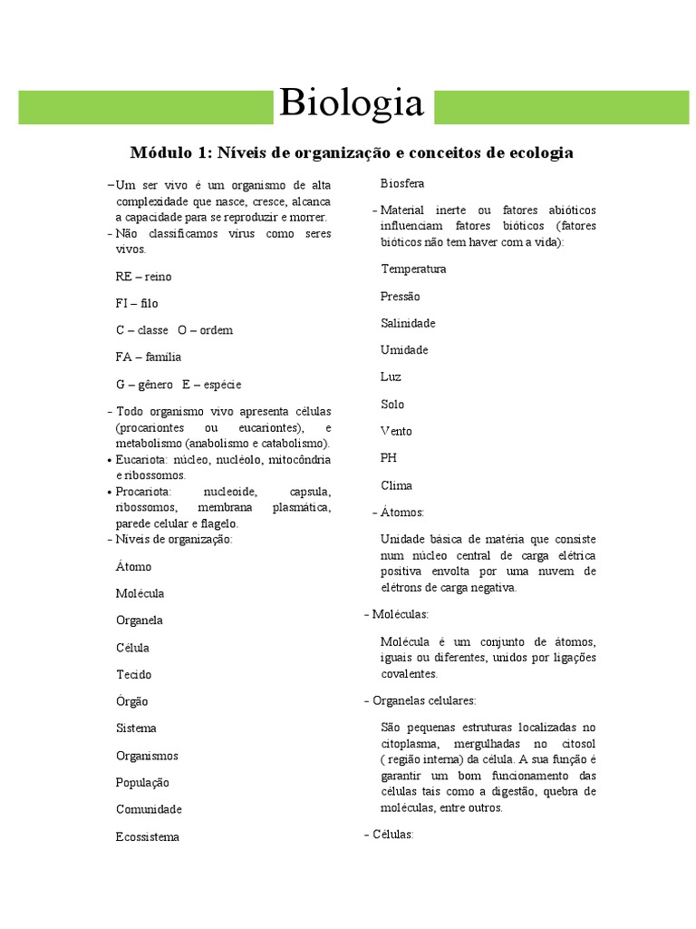 Resumo - Modulo 1 | PDF | Célula (Biologia) | Organismos