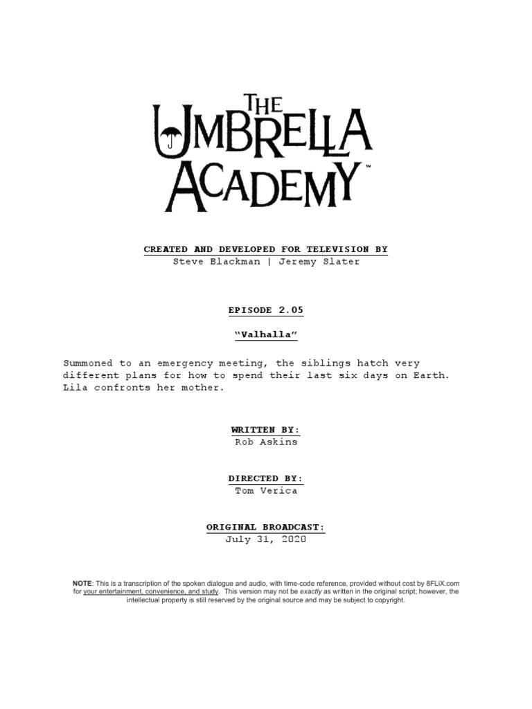 The Umbrella Academy Episode Script Transcript Season 2 05 Valhalla ...