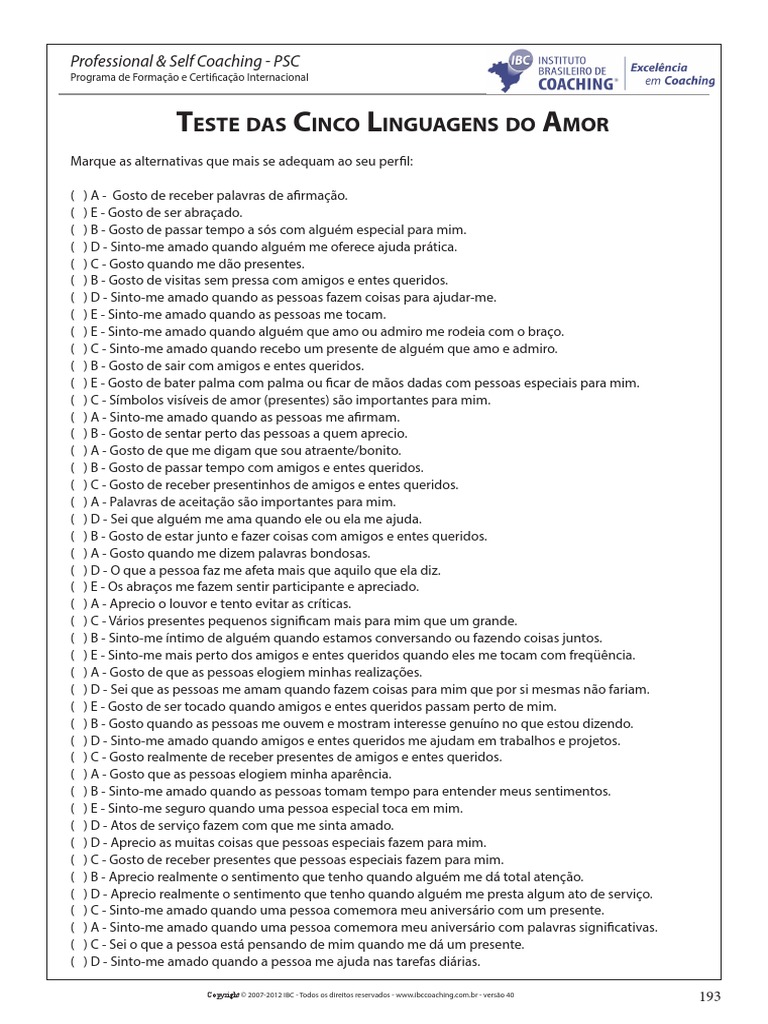 Teste Das 5 Linguagens Do Amor PDF | PDF | Amor | Sentimento