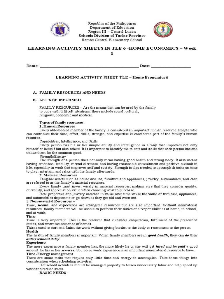 Learning Activity Sheets in Tle 6 - Home Economics - Week 1: Schools ...