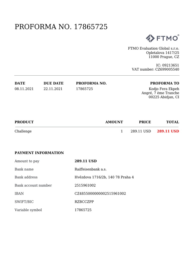 FTMO Payment Proforma Invoice 17865725 | PDF