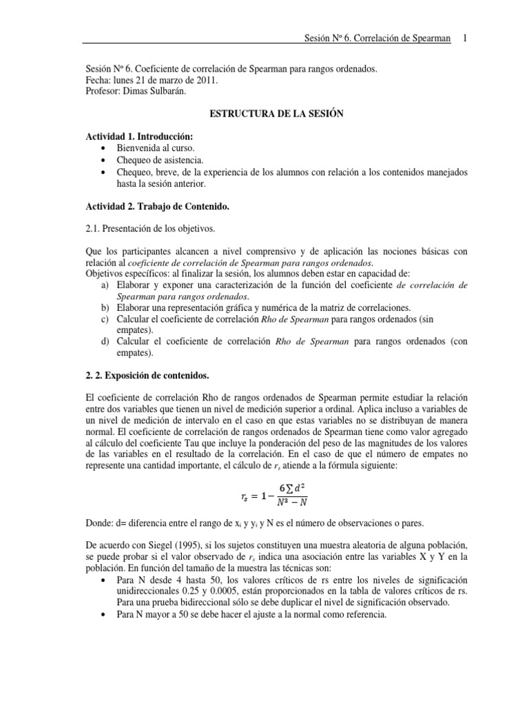 Sesión #8 Correlación de Spearman para Rangos Ordenados | PDF ...