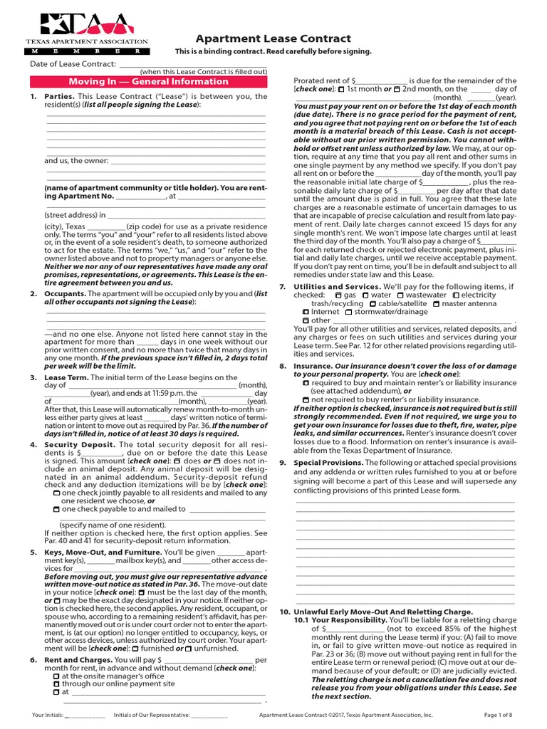 Apartment Lease Contract: Moving in General Information PDF Lease