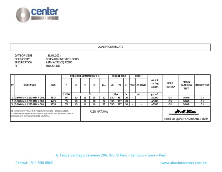 Aluzinc Steel Coils Quality Certificate | PDF | Chemical Product ...