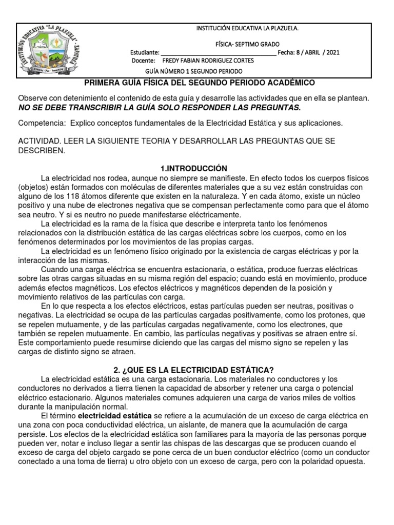 Guia 1 Fisica Grado Septimo | PDF | Electricidad | Electrostática