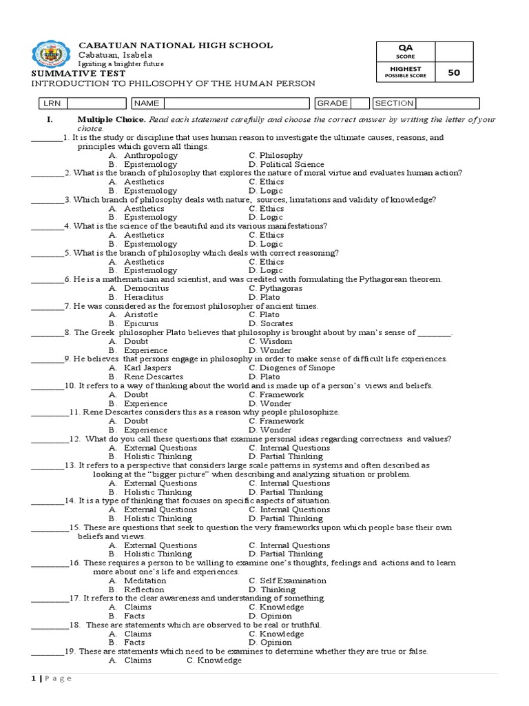 Grade 12 Philosophy Summative Test | PDF | Reason | Knowledge
