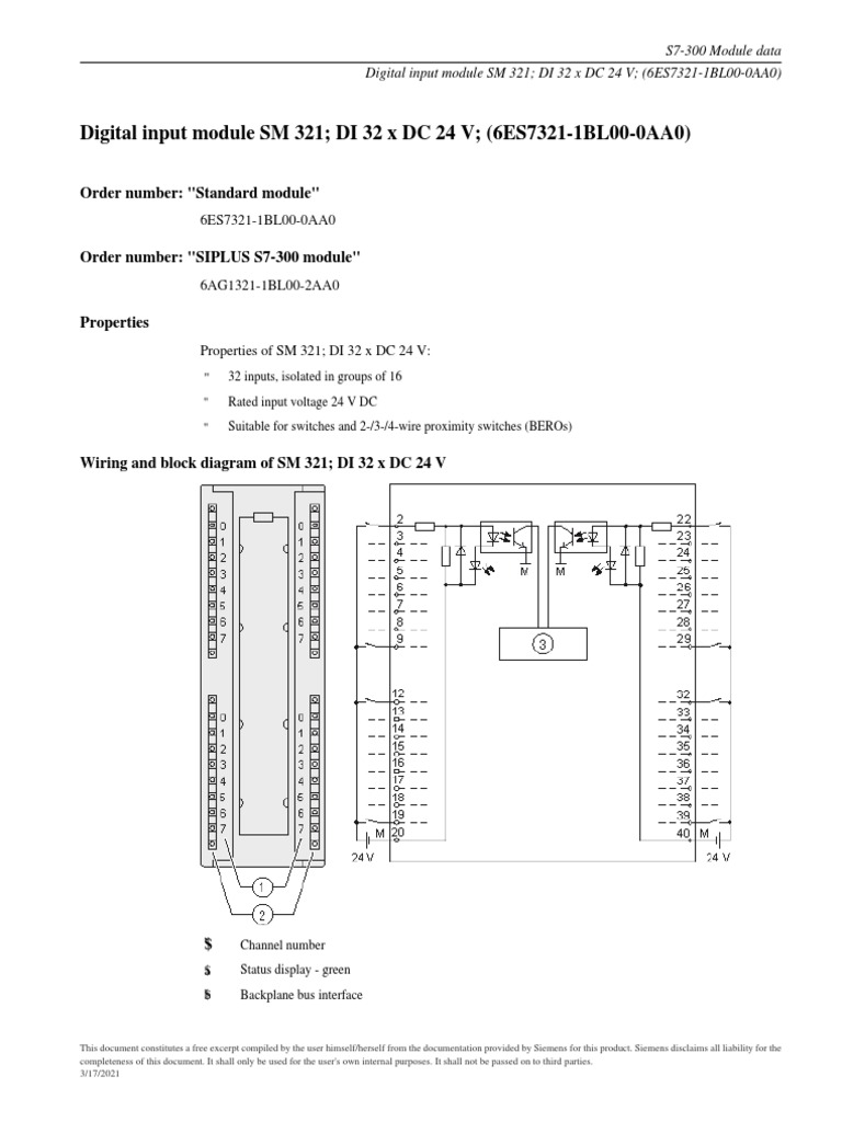 Digital Input Module SM 321 DI 32 X DC 24 V (6ES73211BL000AA0) PDF