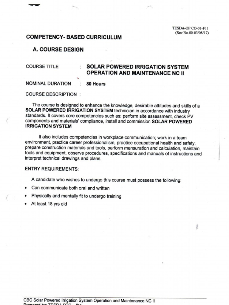 CBC Solar Powered Irrigation System Operation and Maintenance NC II PDF