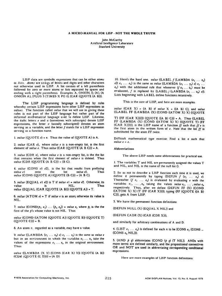 Micro Manual for LISP Programming | PDF | Anonymous Function | Function ...