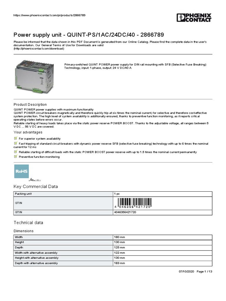 Power Supply Unit QUINTPS/1AC/24DC/40 2866789 Product Description