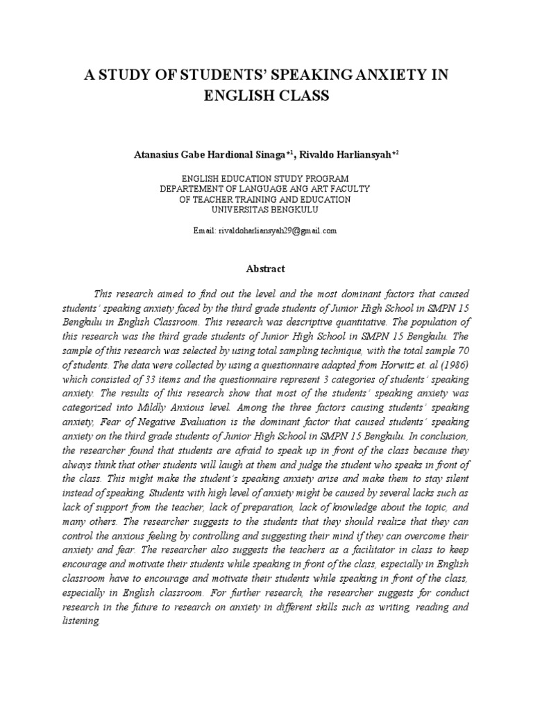 Students' Speaking Anxiety in English Class | PDF | Anxiety | Teachers