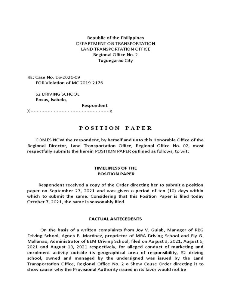 Position Paper | PDF | Complaint | Evidence