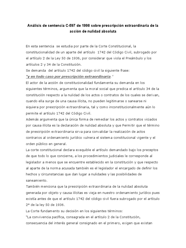 Análisis de La Sentencia C-597 de 1998 Prescripción Extraordinaria de