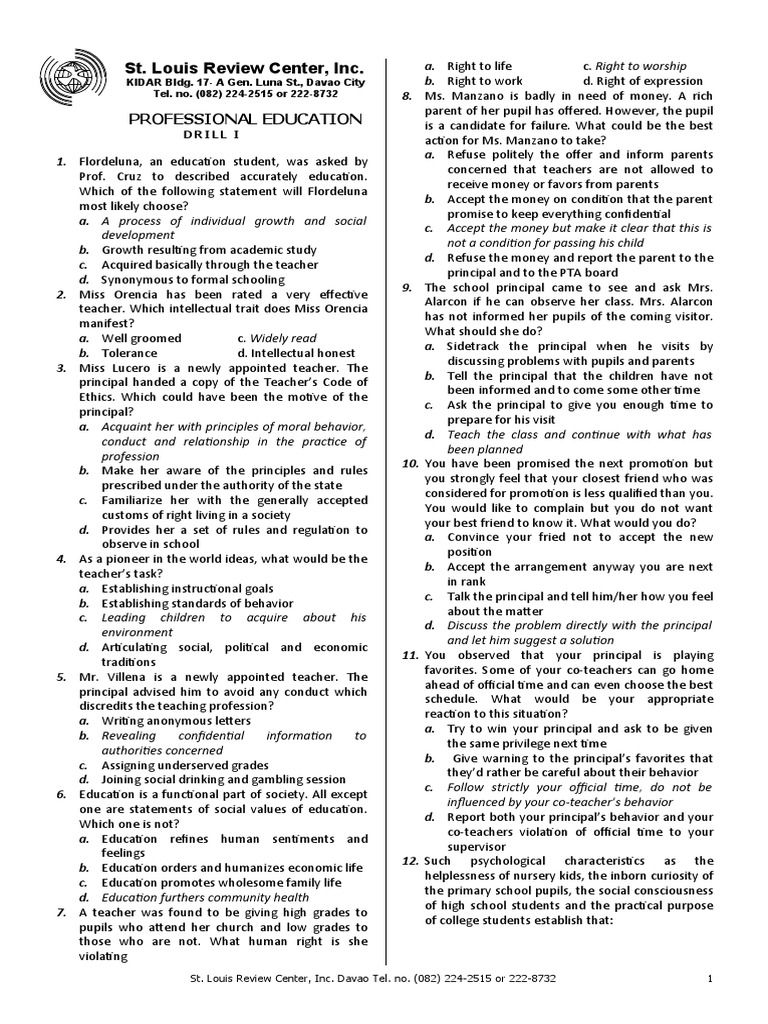 Professional Education Drill 1 Pdf Teachers Learning