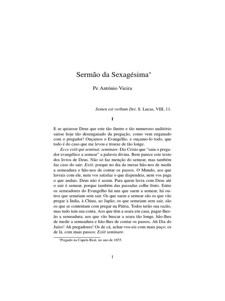 Sermão Da Sexagésima Pe Antônio Vieira PDF Pastor Jesus