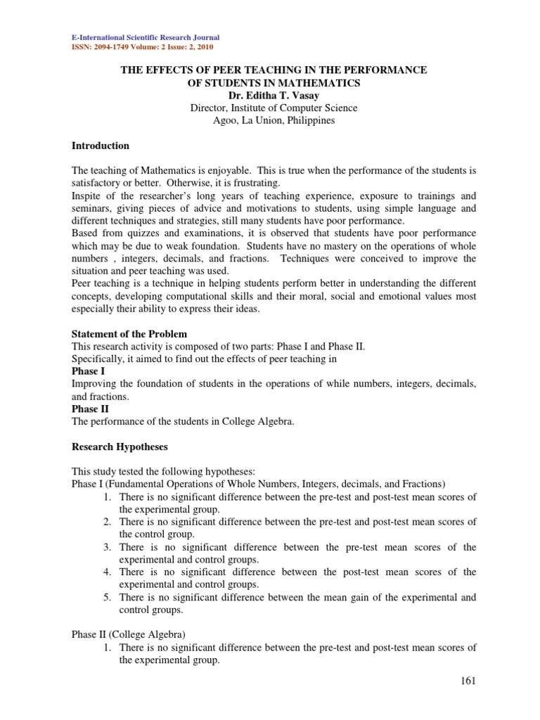 Impact of Peer Teaching on Math Performance | PDF | Teachers | Integer