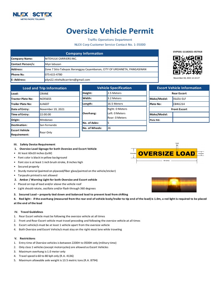 Oversize Vehicle Permit Company Information PDF Transport Vehicles