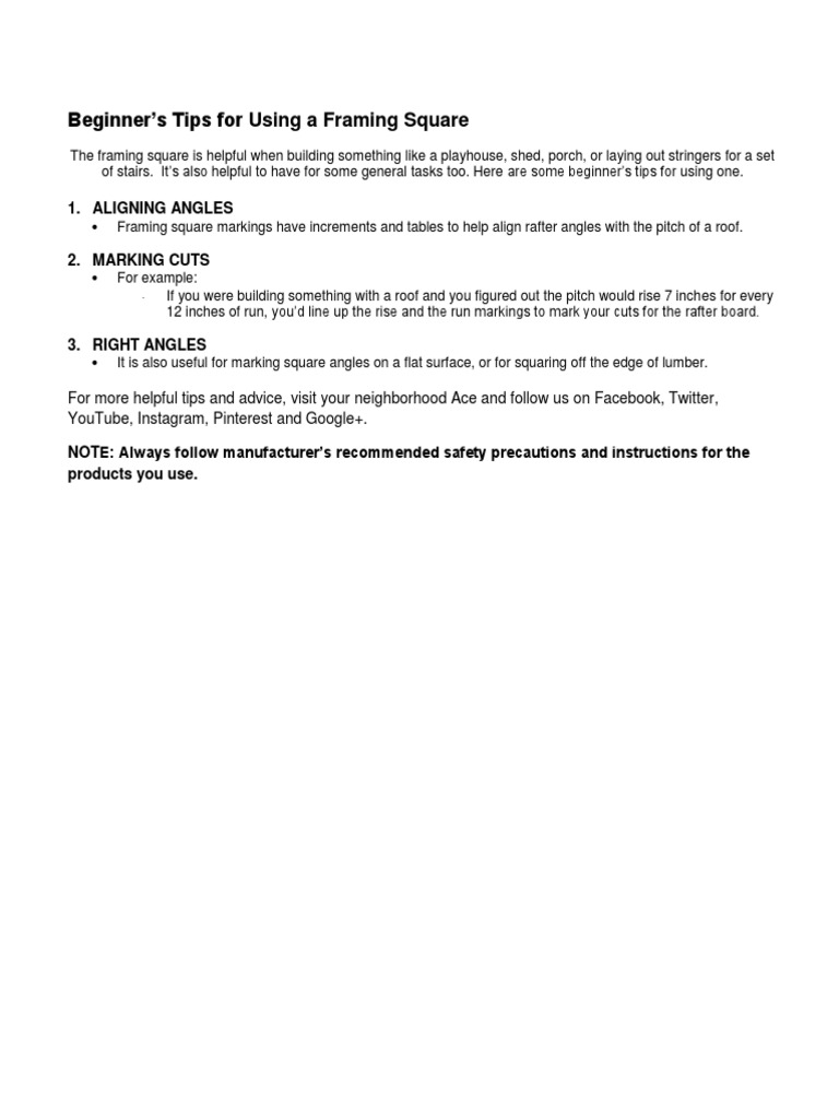 Beginner's Tips For Using A Framing Square 1. Aligning Angles PDF