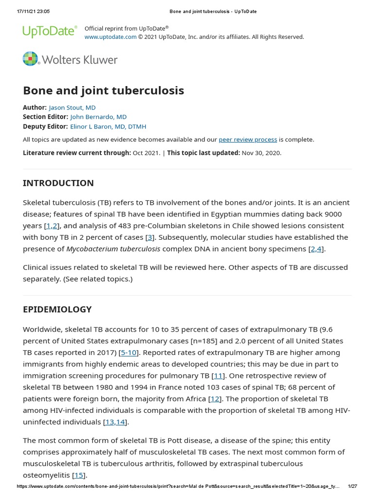 Bone and Joint Tuberculosis UpToDate PDF Tuberculosis Infection