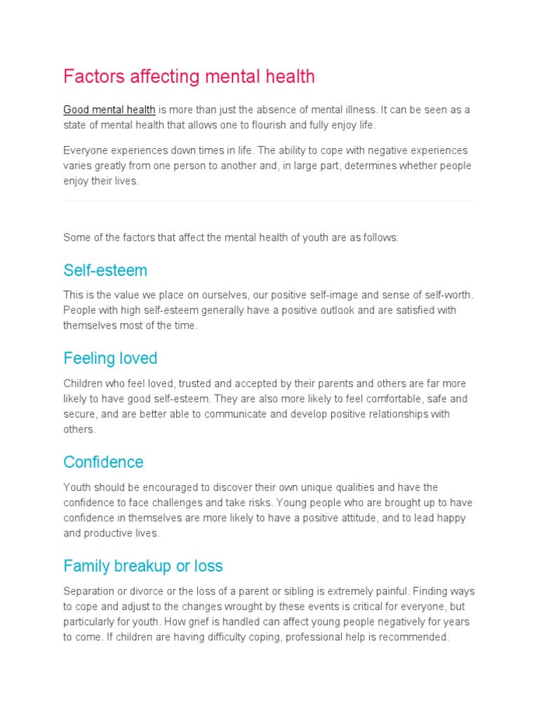 Factors Affecting Mental Health | PDF | Self Esteem | Mental Health