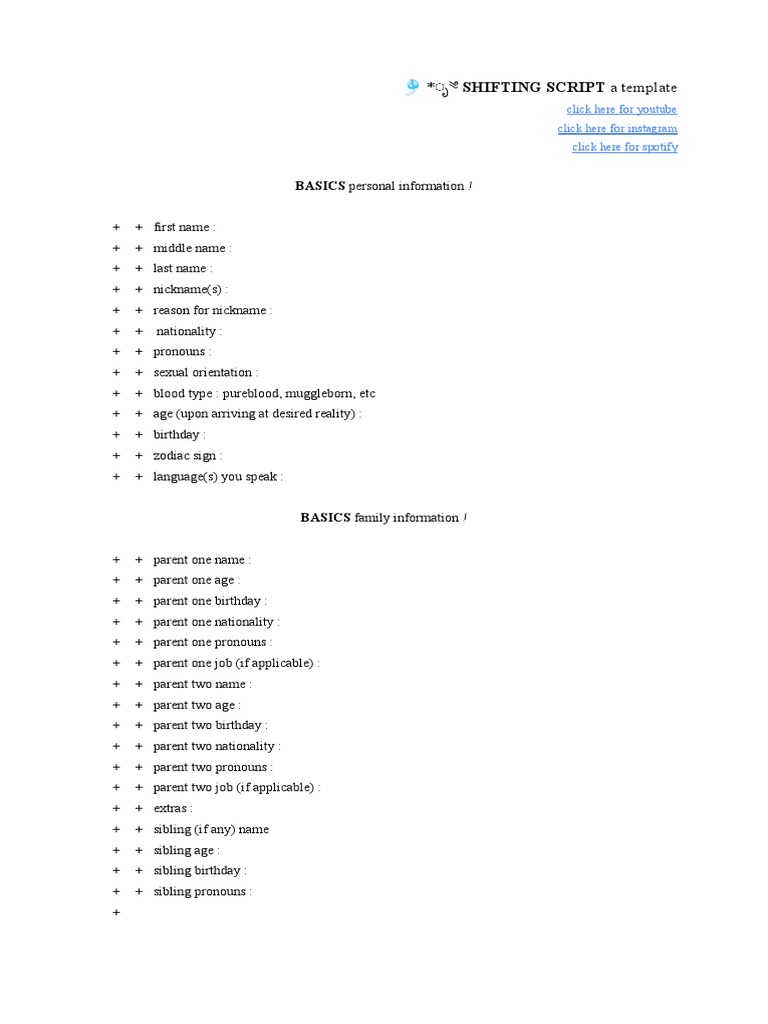 🎐 * ೃ༄ SHIFTING SCRIPT a template: BASICS personal information ! | PDF
