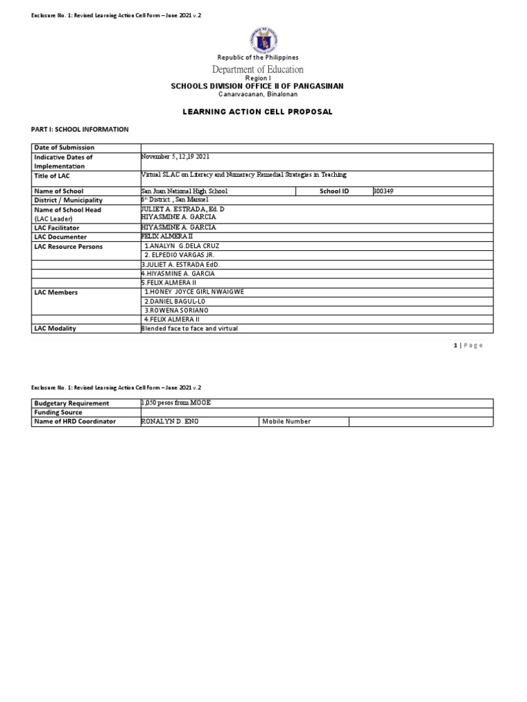 Department of Education: Enclosure No. 1: Revised Learning Action Cell ...