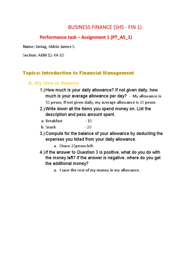 Business Finance (Shs - Fin 1) : Performance Task - Assignment 1 (PT ...