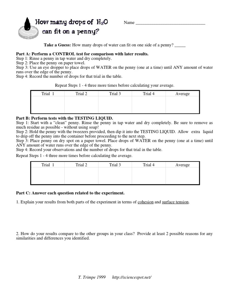 Penny Drop Experiment: Surface Tension Lab | PDF | Properties Of Water ...