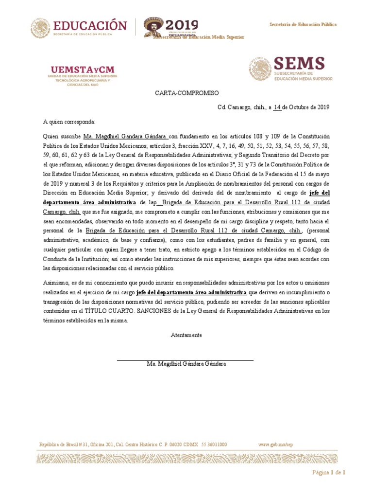 Carta Compromiso Escolar 2019 | PDF | Gobierno | Justicia