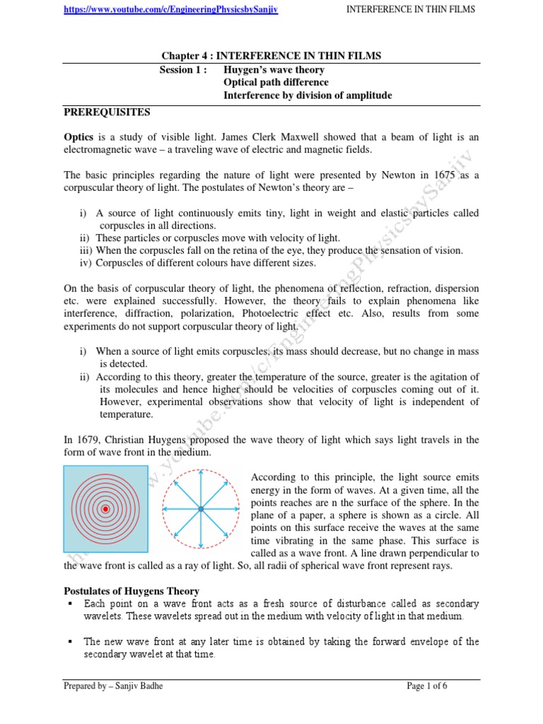 Huygens Principle in Thin Film Interference | PDF | Light | Waves