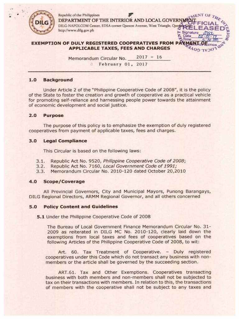 DilgMemocircular201722 Exemption of Coops From Paying Taxes PDF