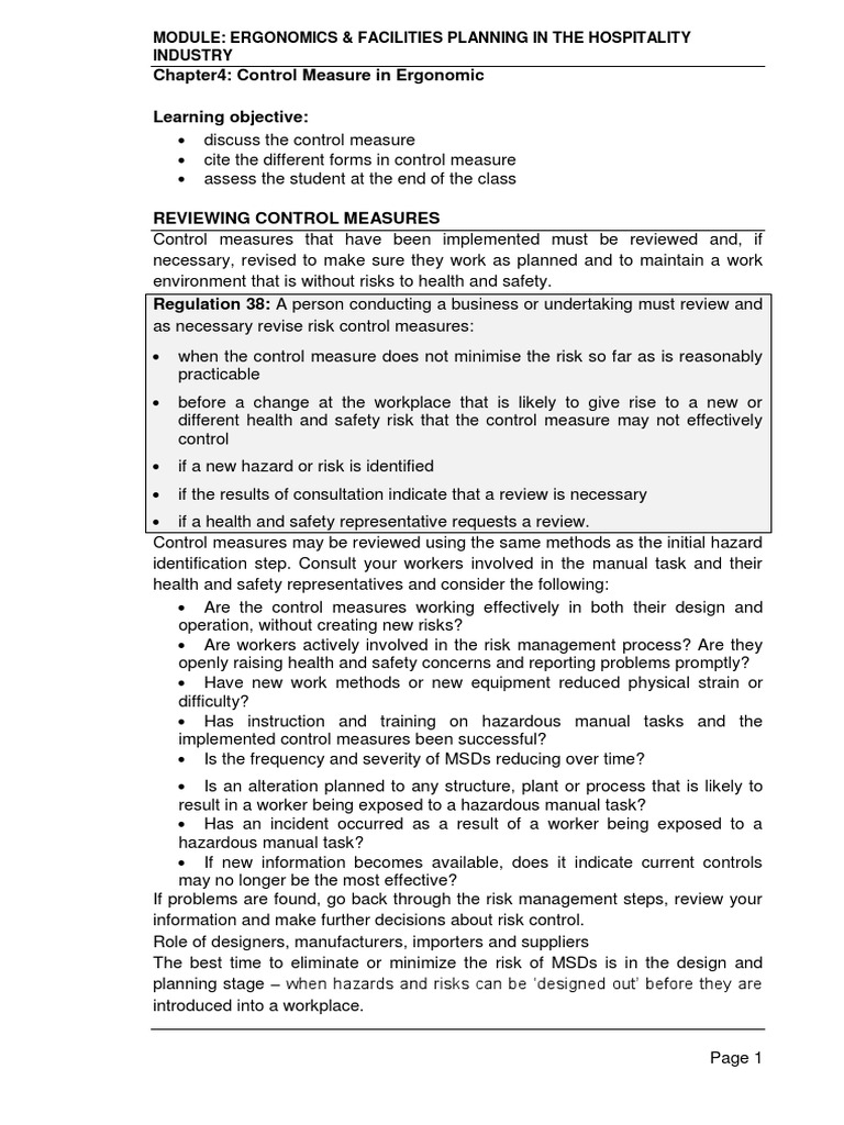 Chapter4 Control Measure in Ergonomic Learning Objective PDF Occupational Safety And Health