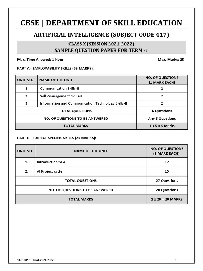 Cbse - Department of Skill Education: Artificial Intelligence (Subject ...