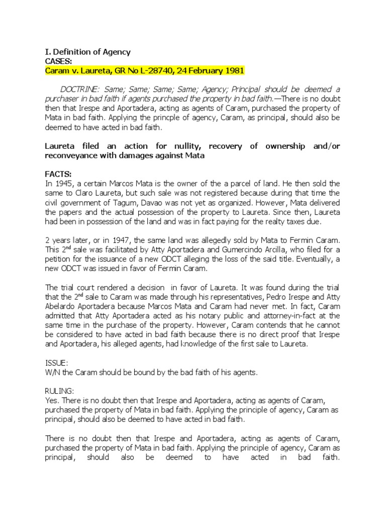 I. Definition of Agency Cases Caram v. Laureta, GR No L28740, 24