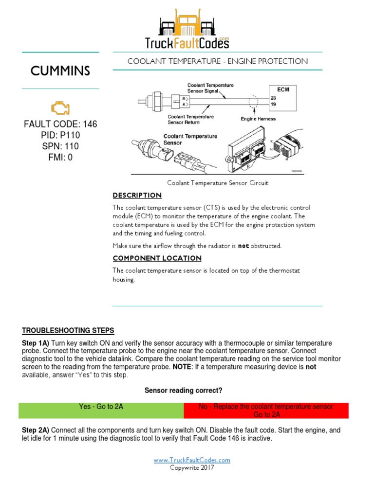 Cummins: Fault Code: 146 PID: P110 SPN: 110 FMI: 0 | PDF ...