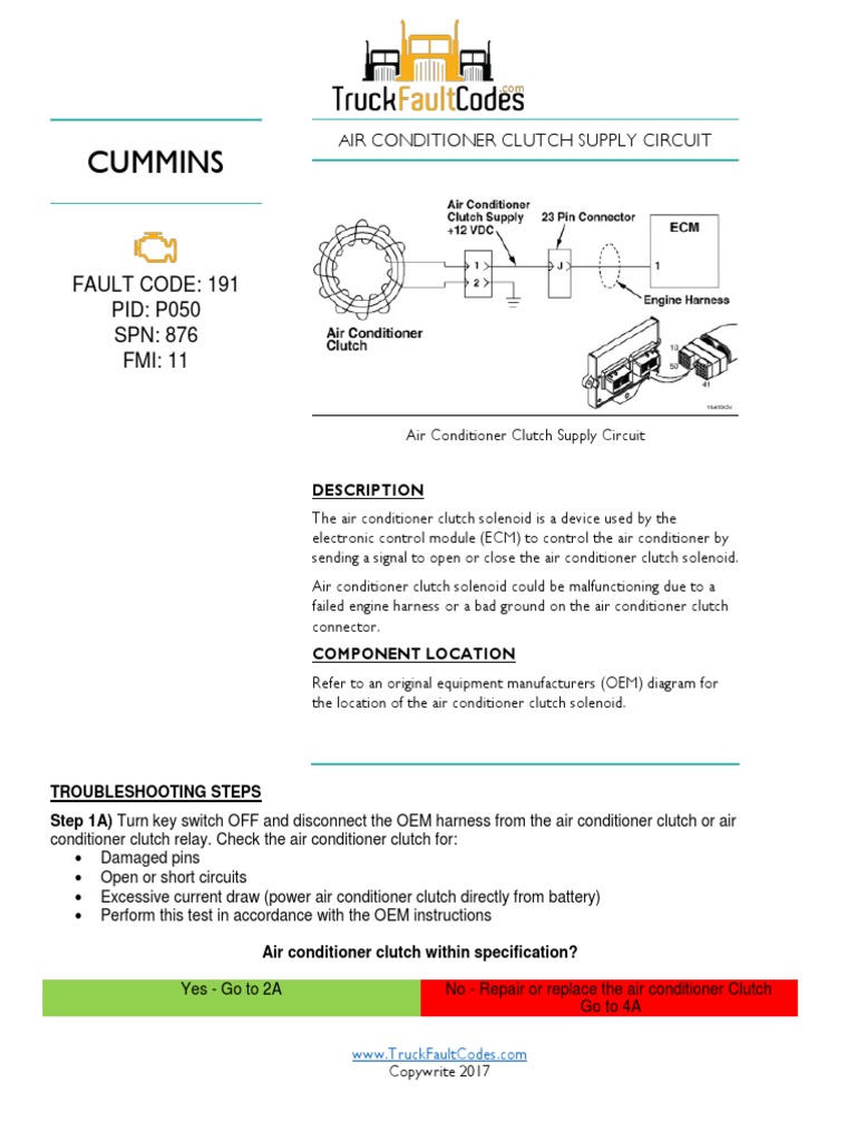 Cummins Fault Code 191 PID P050 SPN 876 FMI 11 PDF Relay