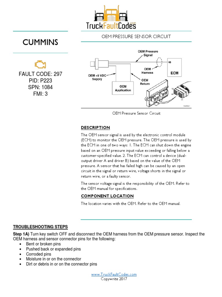 Cummins: Fault Code: 297 PID: P223 SPN: 1084 FMI: 3 | PDF