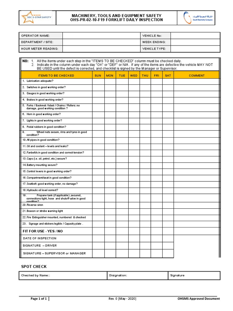 Free Printable Forklift Daily Checklist Pdf