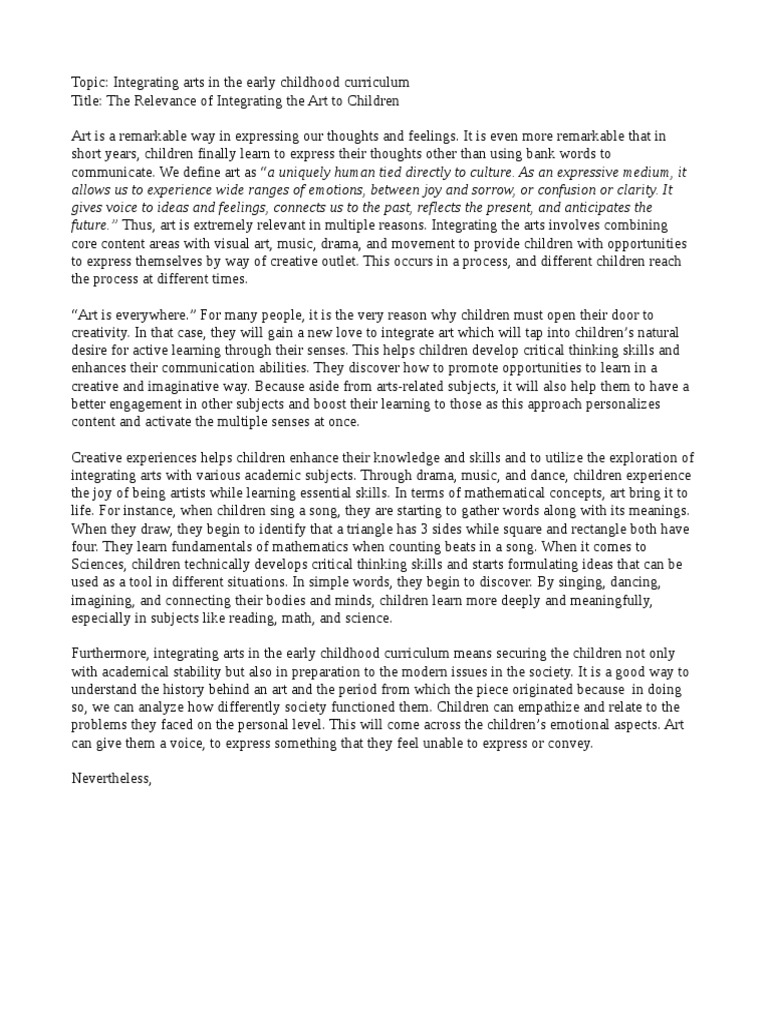 Integrating Art in Early Childhood Education | PDF | Thought | Curriculum