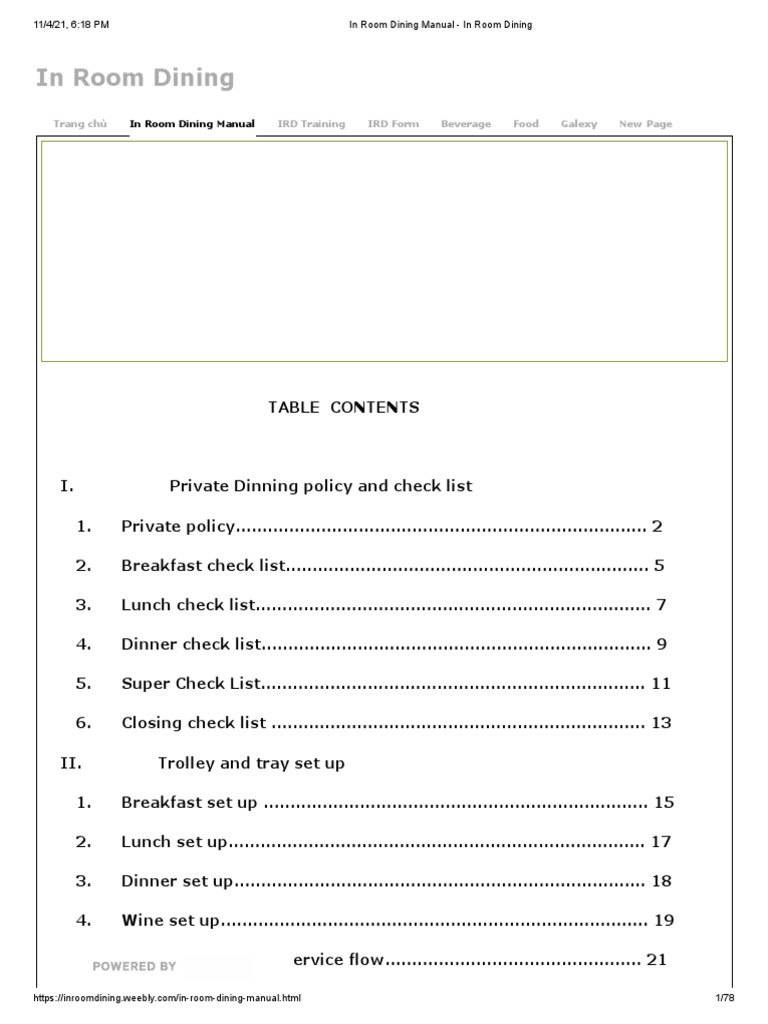 In Room Dining Manual in Room Dining PDF Hospitality Industry